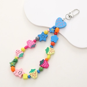 Colorful wooden fruit beads keychain with strawberry and flower charms on a metal clasp