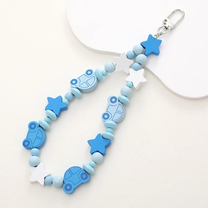 Blue and white wooden bead keychain with cartoon car and star shaped charms