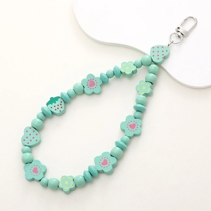 Mint green handmade wooden fruit bead pendant with strawberry and flower charms