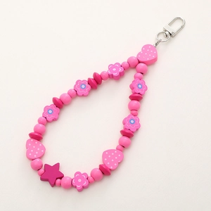 Pink wooden beaded strawberry flower keychain accessory with silver lobster clasp