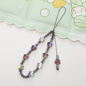 Iridescent aurora beaded phone strap with crystal flowers and colorful wrist chain