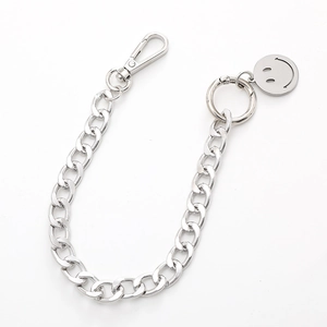 Silver metal smiley face chain strap with heart beads and sturdy lobster clasps for phone case
