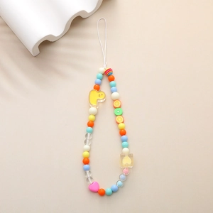 Detailed view of handmade beaded phone lanyard with colorful heart and fruit charms