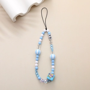 Detailed close-up of blue and white beaded phone strap with cartoon rabbit and letters