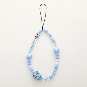 Blue and white beaded phone charm with cartoon rabbit cube and striped accent beads