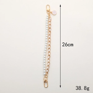 Chaîne de téléphone élégante 26cm en perles blanches et cuir doré avec pendentif camélia