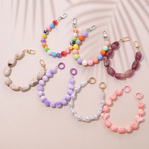 Acrylic Beaded Phone Chain For Women Irregular Artificial Pearl Hand Strap With Metal Clasp Fashion Bag Accessory Keychain