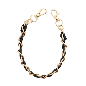 Bandoulière tressée en métal doré et cuir noir avec fermoirs mousquetons
