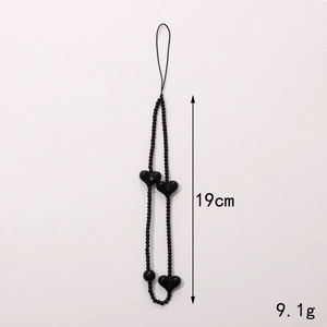 Short 19cm black beaded phone strap with acrylic heart charms for anti-drop protection