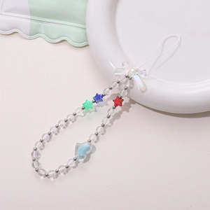 Detail of colorful beaded phone strap with iridescent bow and star shaped beads