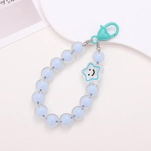 Pastel blue beaded keychain featuring a star smiley charm and heart-shaped plastic clasp