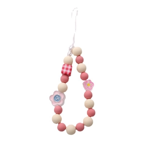 Dragonne de téléphone en perles roses et beige avec motif vichy et breloques fleurs