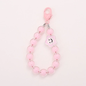 Pink matte beaded phone strap with heart clasp and smiley face star pendant charm