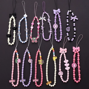 Handmade Acrylic Beaded Phone Lanyard Sweet Bow Heart Candy Tulip Charm Phone Case Strap Anti-Drop Decoration For Women