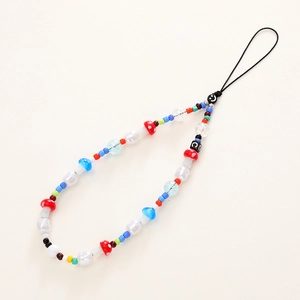 Colorful mushroom beaded phone charm strap with pearls and smiley face for women