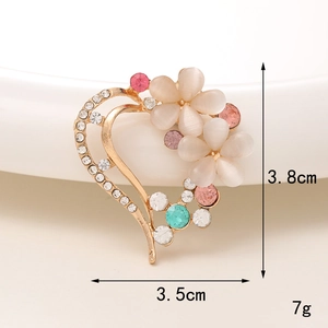 Close-up of heart floral brooch with white opal flowers and colorful rhinestones, 3.8x3.5cm