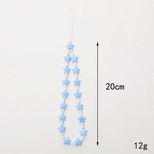 Blue acrylic star beaded phone wrist strap 20cm anti-lost lanyard with white beads