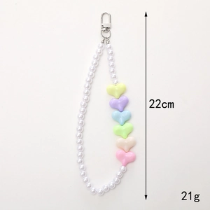 Handmade beaded phone charm with colorful hearts and white pearls, 22cm long chain