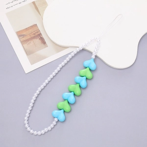 Short phone wrist strap featuring acrylic white pearls with blue and green heart beads