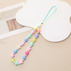 Colorful macaron star and pearl beaded phone wrist strap with mint green nylon cord