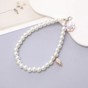Chic beaded pearl phone strap with lollipop and flower charms and golden metal hook
