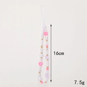 Colorful beaded phone strap with white pearls and pink purple heart beads for women