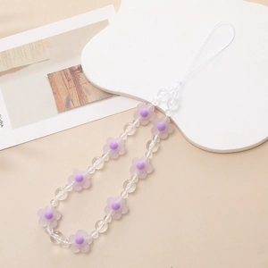 Frosted flower and star beaded phone strap in pastel purple for anti-drop wrist security