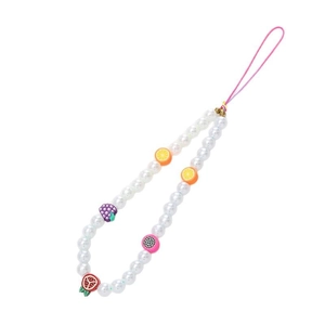 Colorful fruit beads and white faux pearl phone strap with a durable pink wrist loop