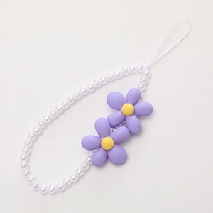 Acrylic heart and frosted flower beaded phone wrist strap with white pearls and purple flowers