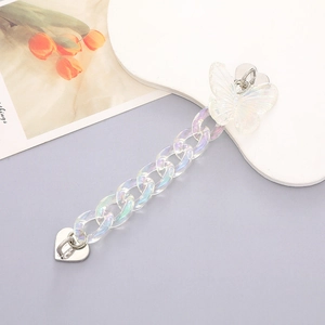 Iridescent acrylic chain with silver heart clasps and butterfly detail for phone DIY