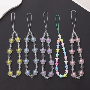 Acrylic Beaded Phone Strap With Frosted Flower And Pentagram Star Charms Sweet Candy Color Anti-Lost Wristlet Phone Chain