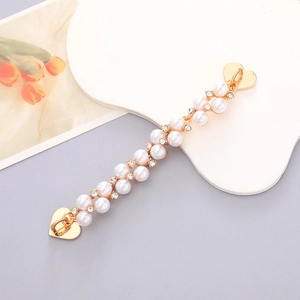 Double-layer pearl and rhinestone phone strap with golden heart-shaped metal clasps
