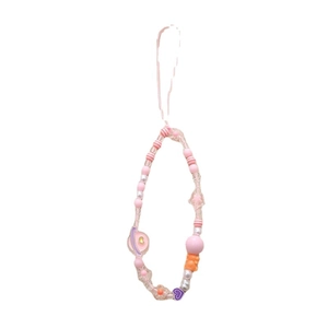 Pink frosted flower and star beaded phone wrist strap with heart planet charm