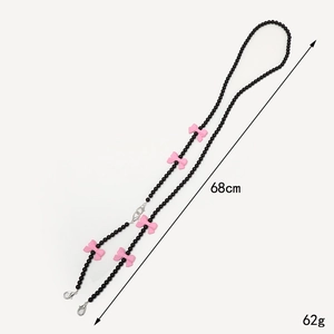 Schwarze Perlenkette mit rosa Schleifen, 68cm Handy-Umhängeband mit Karabinerhaken