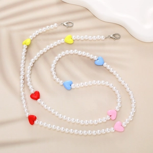 Colorful pearl cross-body chain with heart accents and lobster clasps for phones and bags