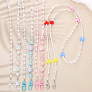 Colorful pearl beaded phone lanyard with cat claw charm and metallic lobster clasp