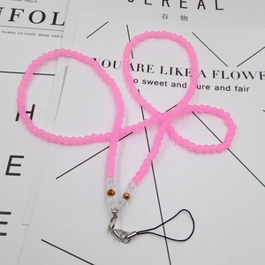 Pink crystal jade beads mobile phone lanyard with gold accents and lobster clasp