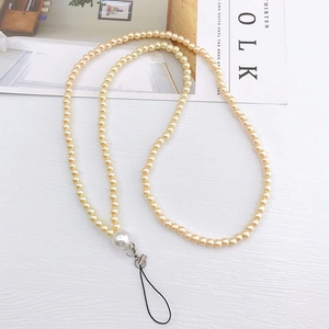 Elegant champagne pearl long mobile phone lanyard strap with silver metal clasp