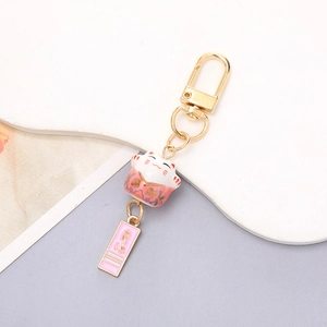 Japanese lucky cat keychain with golden D-ring and auspicious plaques for DIY phone case charm