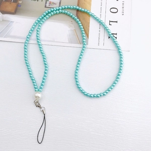 Colorful pearl phone lanyard with blue beads and large white accent pearl decor