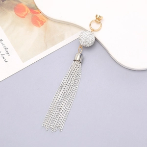 DIY phone case pendant with sparkling rhinestone ball and long silver chain tassels