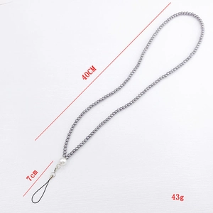 Long beaded phone lanyard with silver grey beads, white pearl accent, and 40cm length