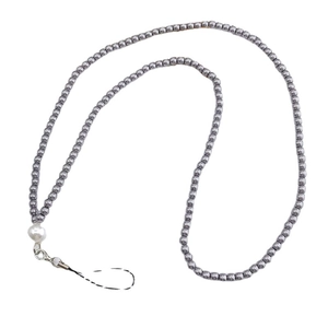 Long beaded phone lanyard with grey metallic beads and an irregular white pearl drop charm