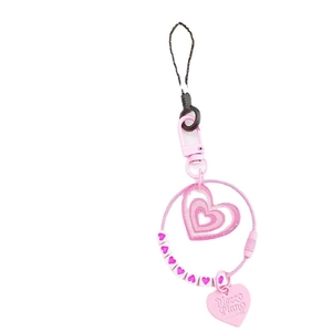 Pink glittery heart charm with white beads and black nylon cord for phone cases