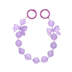 Purple beaded mobile strap with resin bows and metal spring hooks on a white background
