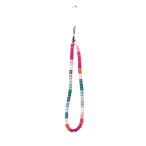 Rainbow beaded phone strap with colorful charms and smiley face beads on white background