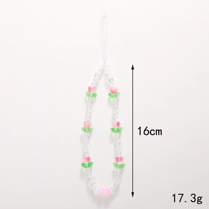 Pink crystal tulip beaded phone charm strap with 16cm length and 17.3g lightweight design