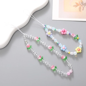 Pink tulip flower beaded phone charm strap with colorful handmade acrylic resin beads
