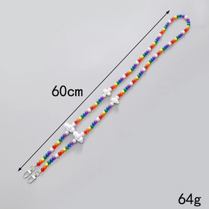 Rainbow beaded phone strap with cloud charms and metal lobster clasps, 60cm length