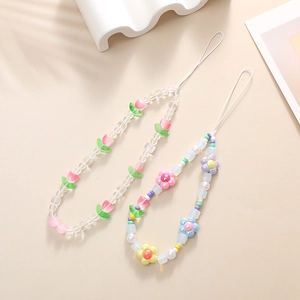 Pink crystal tulip beaded phone charms with floral beads and pearls on wrist strap